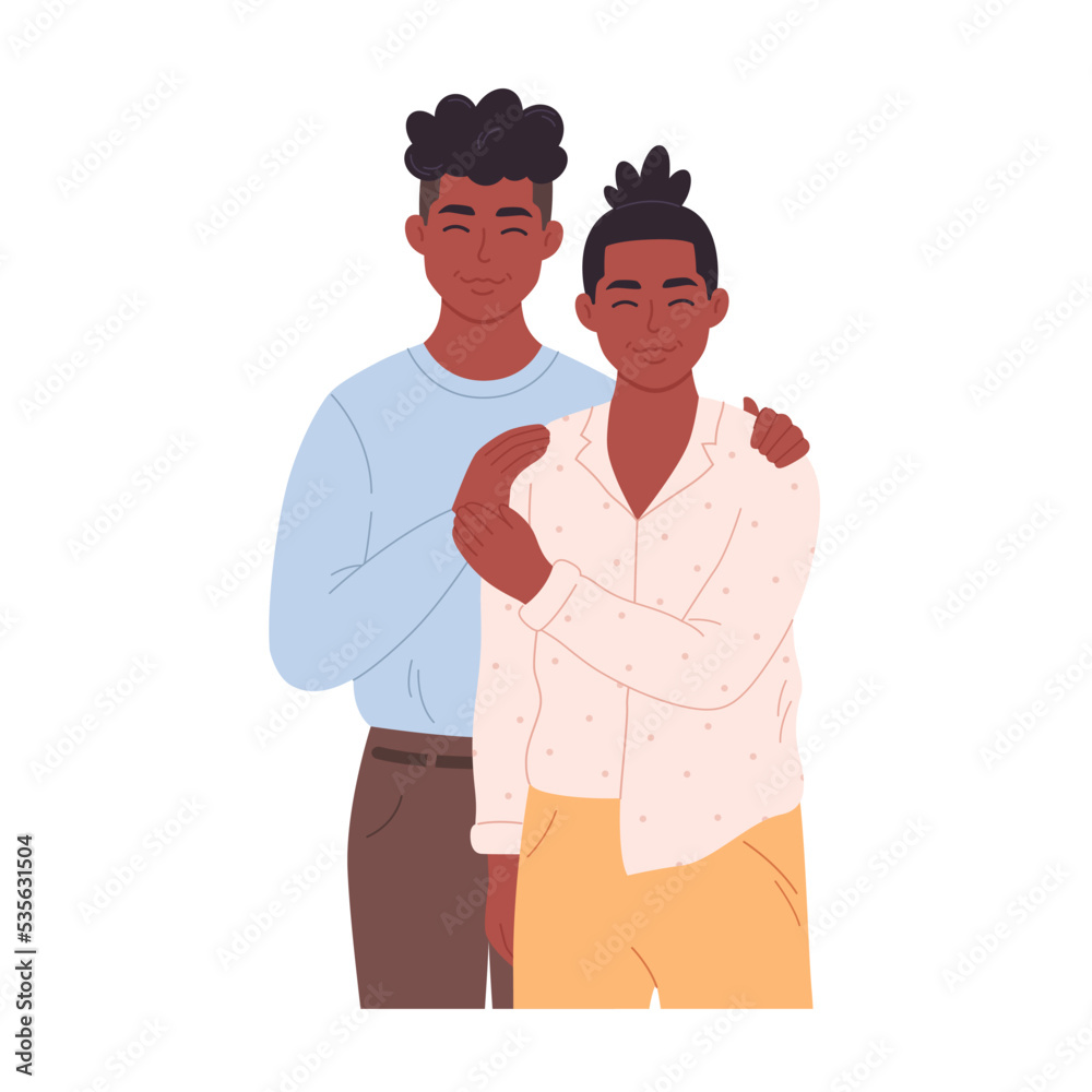 Black gay couple hugging and smiling. Sweetheart couple together. LGBT family, LGBT pride. Homosexual man couple. Hand drawn vector illustration