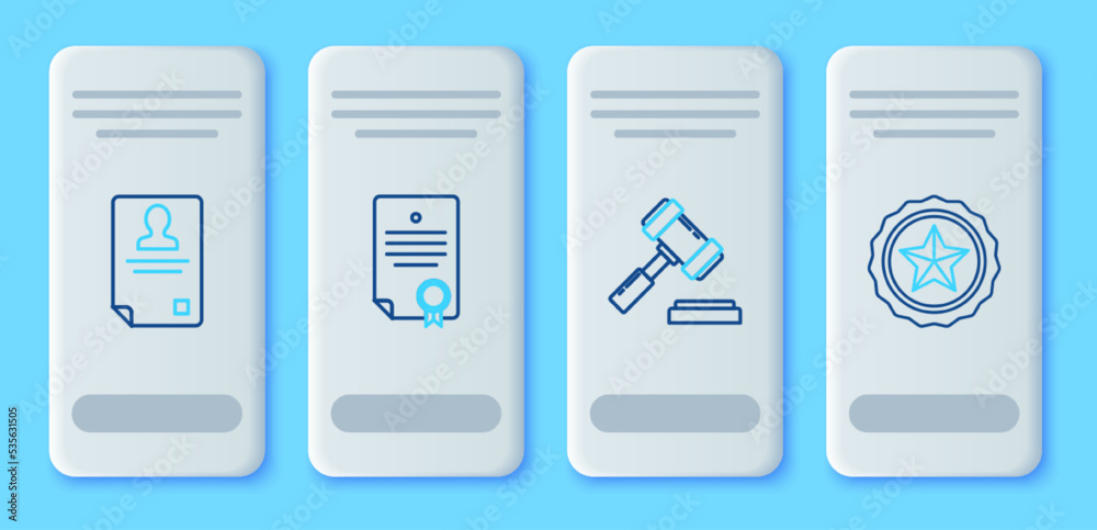 Set line Certificate template, Judge gavel, Identification badge and Police icon. Vector