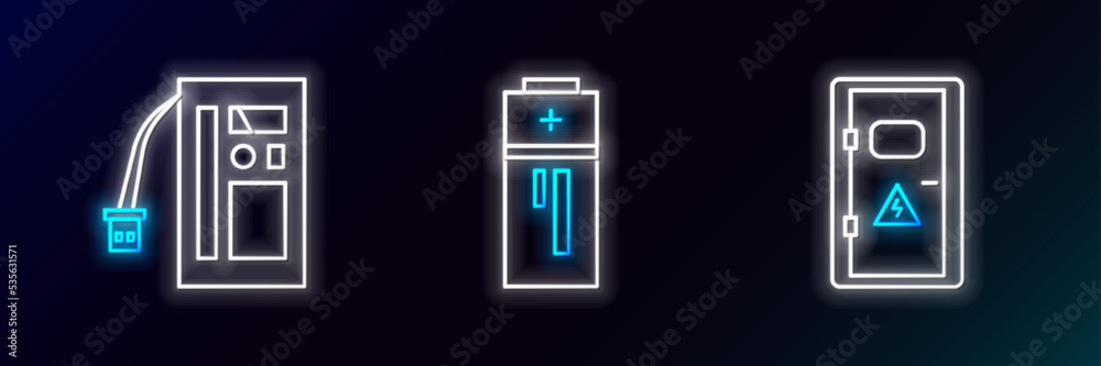 Set line Electrical cabinet, Battery and icon. Glowing neon. Vector Set line Electrical cabinet, Battery and icon. Glowing neon. Vector