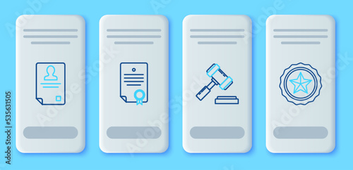 Set line Certificate template, Judge gavel, Identification badge and Police icon. Vector