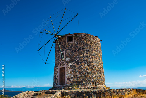 Historical windmill in CUNDA ISLAND (Alibey Island). Ayvalik, Balikesir, Turkey. This location called Lover's Hill (Turkish: Asiklar Tepesi).