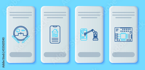 Set line Smart home, Industrial machine robotic robot arm hand, Robot vacuum cleaner and Printed circuit board PCB icon. Vector