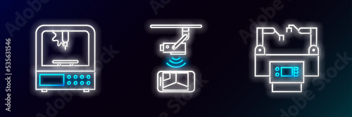 Set line Assembly line, 3D printer and Wireless Controlling CCTV security camera icon. Glowing neon. Vector