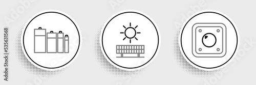Set line Electric light switch, Battery and Solar energy panel and sun icon. Vector