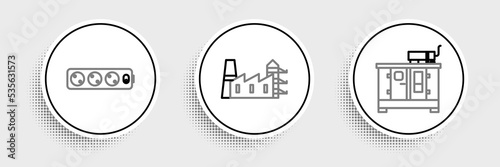 Set line Diesel power generator, Electric extension cord and Power station plant and factory icon. Vector