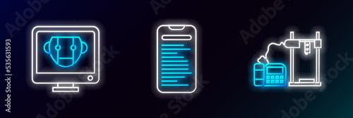 Set line 3D printer, Bot and Computer api interface icon. Glowing neon. Vector
