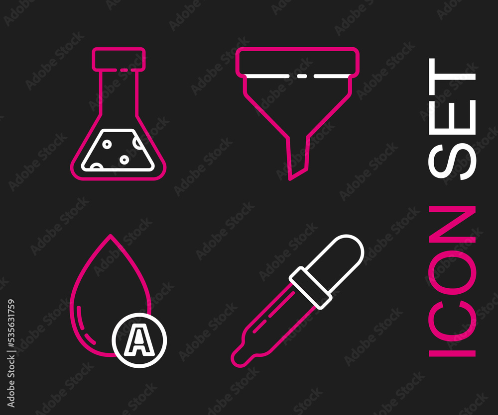 Obraz premium Set line Pipette, Water drop, Funnel or filter and Test tube and flask chemical icon. Vector