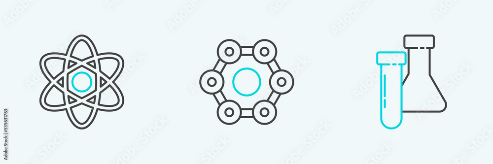 Set line Test tube and flask chemical, Atom and Chemical formula icon. Vector Set line Test tube and flask chemical, Atom and Chemical formula icon. Vector