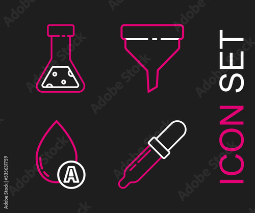 Set line Pipette, Water drop, Funnel or filter and Test tube and flask chemical icon. Vector