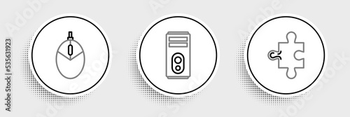 Set line Piece of puzzle, Computer mouse gaming and icon. Vector