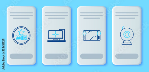 Set line Computer monitor, Portable video game console, Medal and Web camera icon. Vector