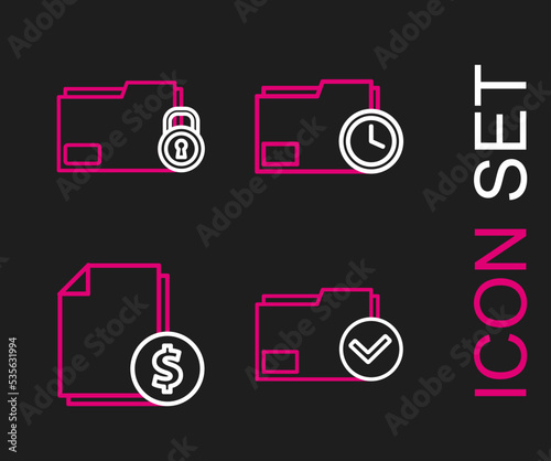 Set line Document folder and check mark, Finance document, with clock and Folder icon. Vector