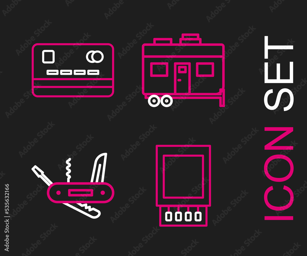 Set line Open matchbox and matches, Swiss army knife, Rv Camping trailer and Credit card icon. Vector Set line Open matchbox and matches, Swiss army knife, Rv Camping trailer and Credit card icon. Vector