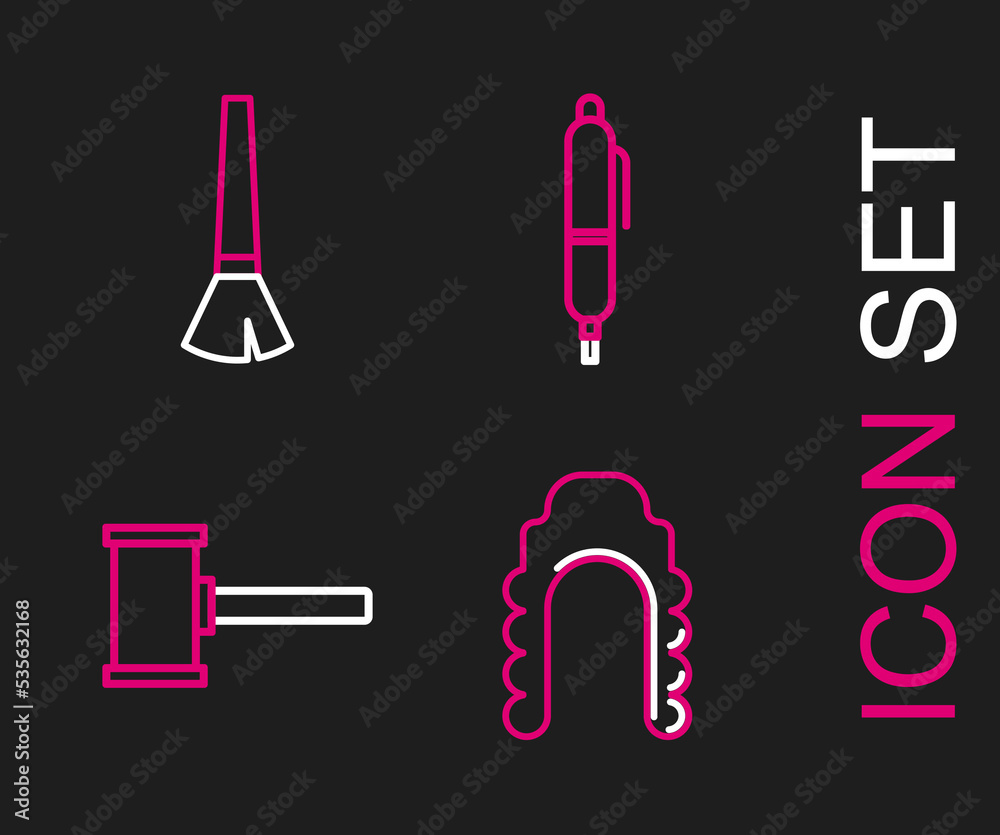 Set line Judge wig, gavel, Pen and Paint brush icon. Vector