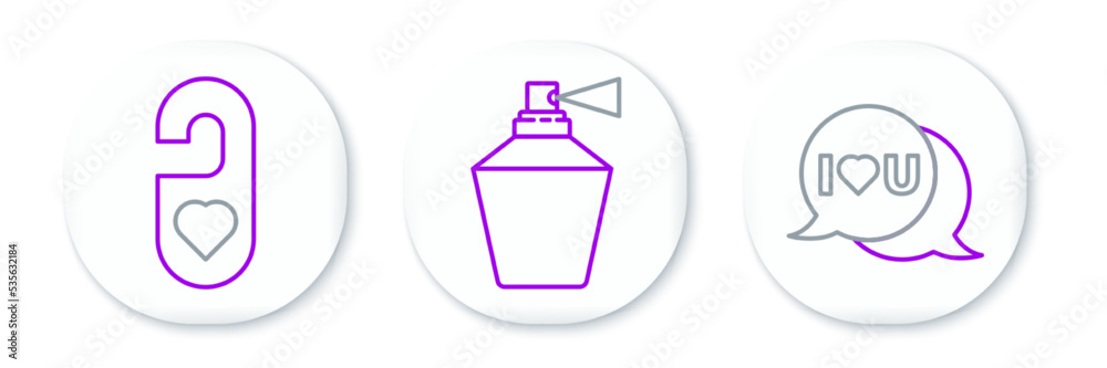 Set line Speech bubble with I love you, Please do not disturb heart and Perfume icon. Vector