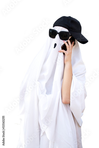 Portrait of a ghost who is talking on the phone, making calls. PNG. Halloween holiday.