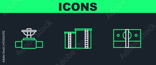 Set line Stacks paper money cash, Industry pipe and valve and Oil industrial factory building icon. Vector