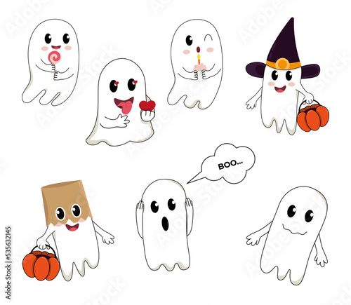 Vector set of ghosts. Collections of cute ghosts in flat style