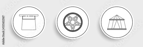 Set line Circus tent, Magician hat and Pentagram in circle icon. Vector