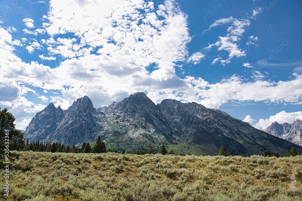 Landscape of a meadow in Grand Teton National Park in front of a portion of the Teton Range. Symmetry Spire, Mount Saint John, and Rockchuck Peak rise in the background.
