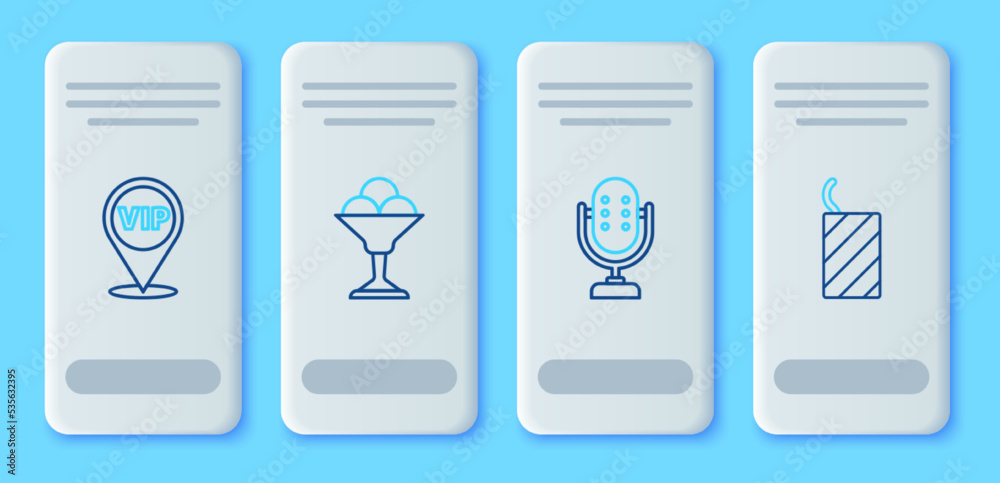 Set line Ice cream in bowl, Microphone, Location Vip and Firework rocket icon. Vector