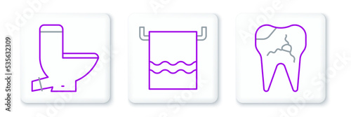 Set line Broken tooth, Toilet bowl and Towel on a hanger icon. Vector