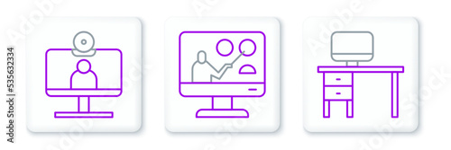 Set line Computer monitor and desk, Video chat conference and Online education icon. Vector