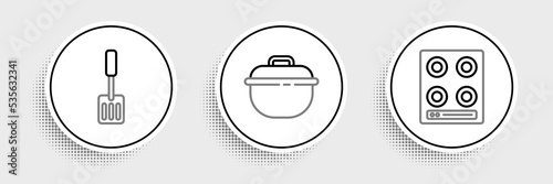 Set line Gas stove, Spatula and Cooking pot icon. Vector