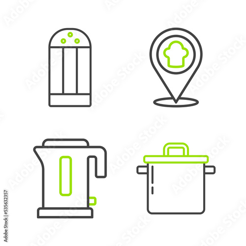 Set line Cooking pot, Electric kettle, Chef hat with location and Salt icon. Vector