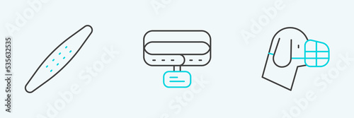 Set line Dog in muzzle, Nail file pet and Collar with name tag icon. Vector