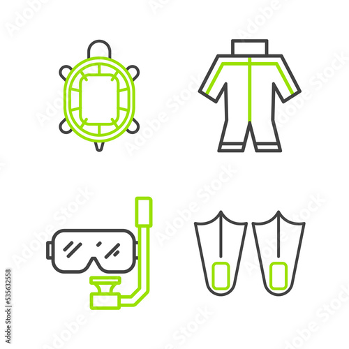 Set line Rubber flippers  Diving mask and snorkel  Wetsuit and Turtle icon. Vector