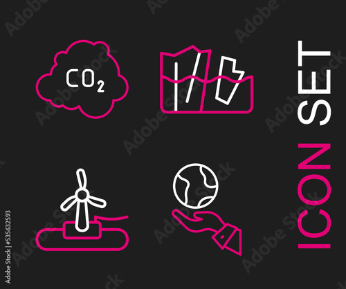Set line Hands holding Earth globe, Wind turbine, Glacier melting and CO2 emissions cloud icon. Vector