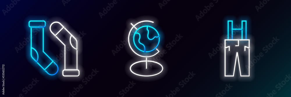 Set line Pants with suspenders, Socks and Earth globe icon. Glowing neon. Vector Set line Pants with suspenders, Socks and Earth globe icon. Glowing neon. Vector