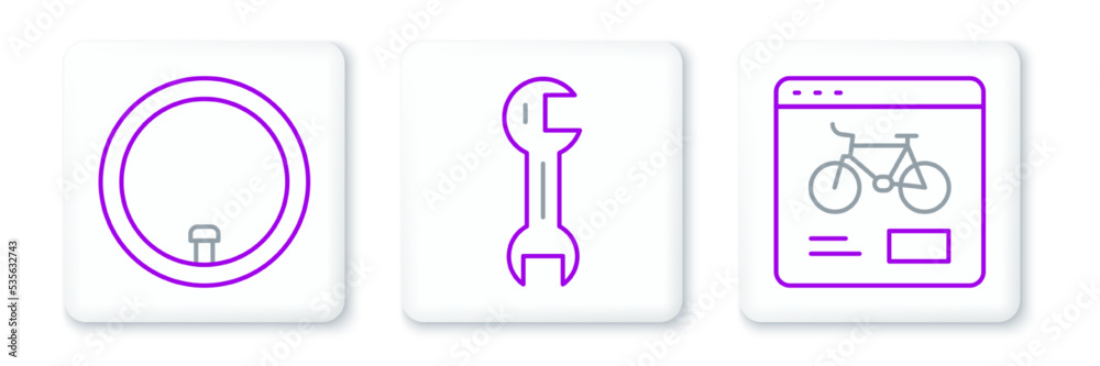 Set line Bicycle rental mobile app, wheel and Wrench spanner icon. Vector Set line Bicycle rental mobile app, wheel and Wrench spanner icon. Vector