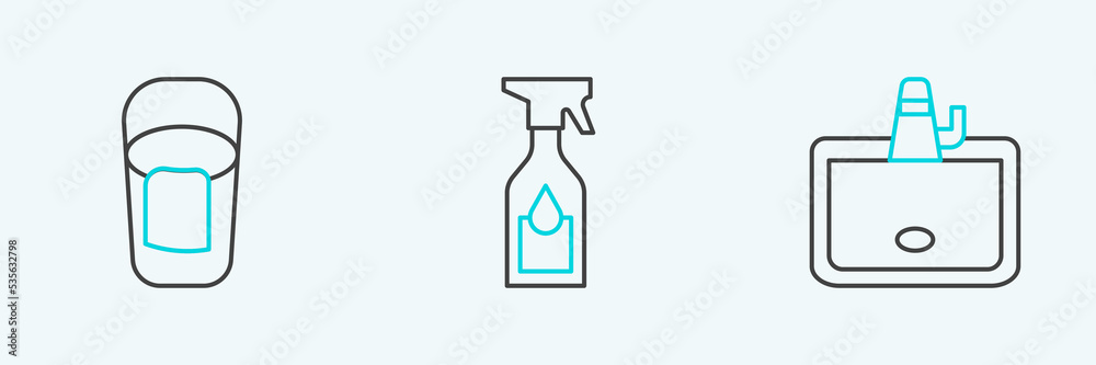 Set line Washbasin, Bucket with rag and Cleaning spray bottle icon. Vector Set line Washbasin, Bucket with rag and Cleaning spray bottle icon. Vector