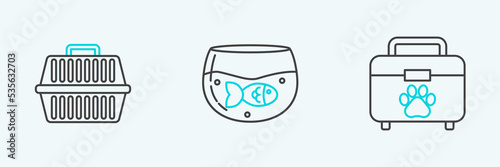 Set line Pet first aid kit, carry case and Aquarium with fish icon. Vector