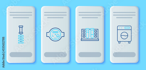 Set line Water meter, Test tube with water drop, Toilet brush and Washer icon. Vector