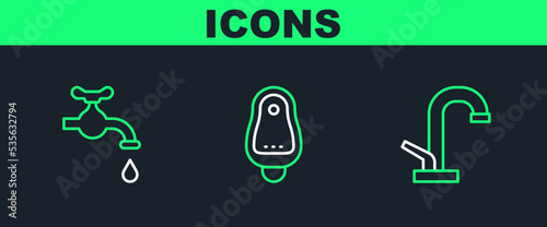 Set line Water tap, and Toilet urinal or pissoir icon. Vector