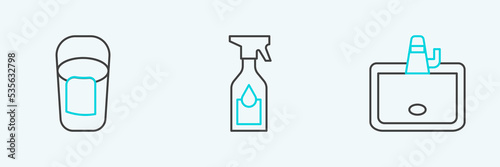 Set line Washbasin, Bucket with rag and Cleaning spray bottle icon. Vector
