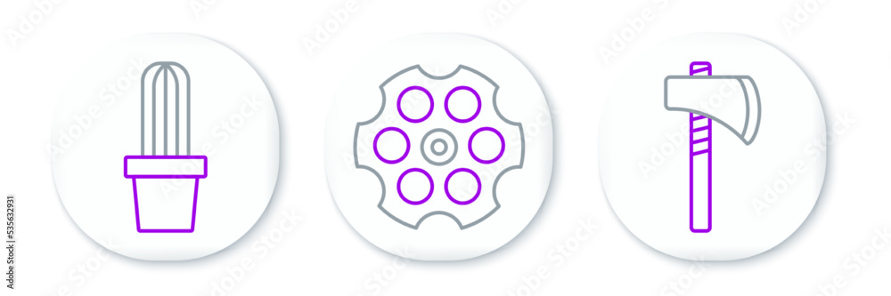 Set line Tomahawk axe, Cactus peyote in pot and Revolver cylinder icon. Vector Set line Tomahawk axe, Cactus peyote in pot and Revolver cylinder icon. Vector