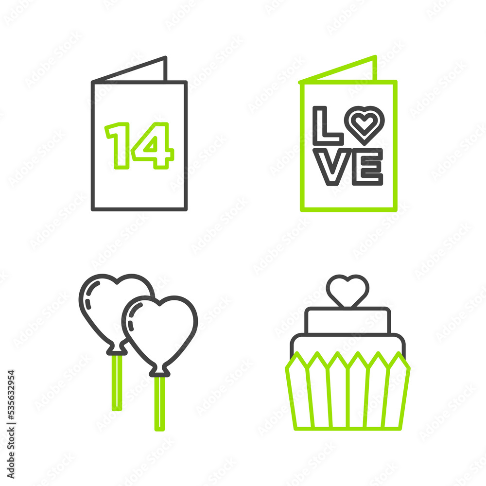 Set line Wedding cake with heart, Balloons form of, Valentines day party flyer and Greeting card icon. Vector