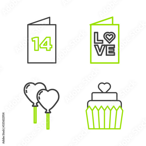 Set line Wedding cake with heart, Balloons form of, Valentines day party flyer and Greeting card icon. Vector