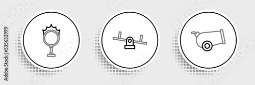 Set line Cannon, Circus fire hoop and Seesaw icon. Vector