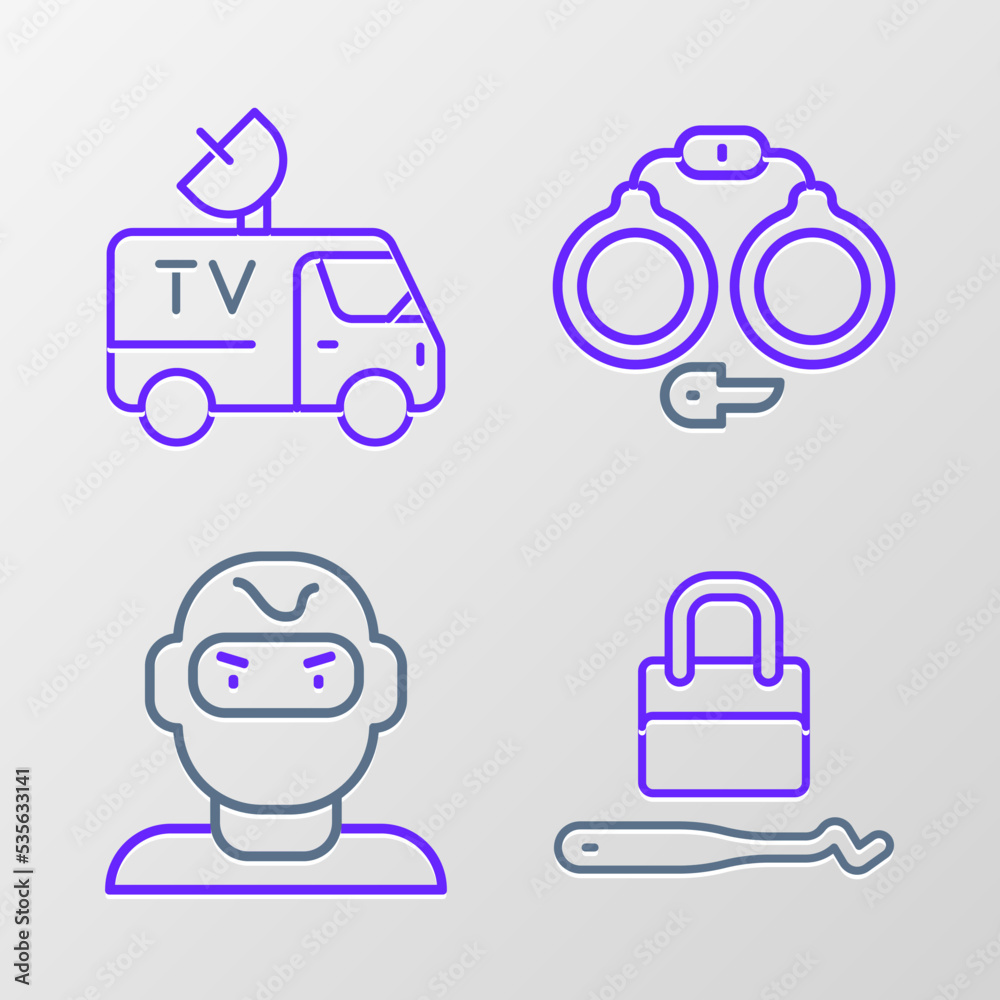 Set line Lock picks for lock picking, Thief mask, Handcuffs and TV News car icon. Vector Set line Lock picks for lock picking, Thief mask, Handcuffs and TV News car icon. Vector