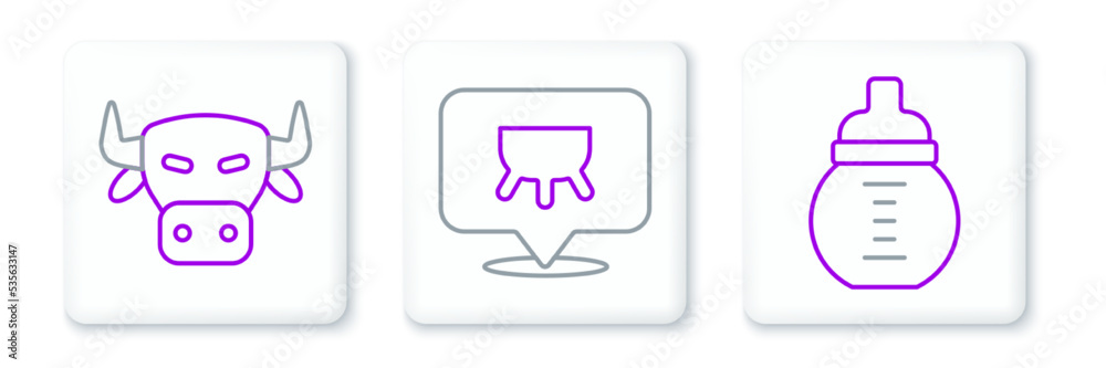 Fototapeta premium Set line Baby milk in a bottle, Cow head and Udder icon. Vector