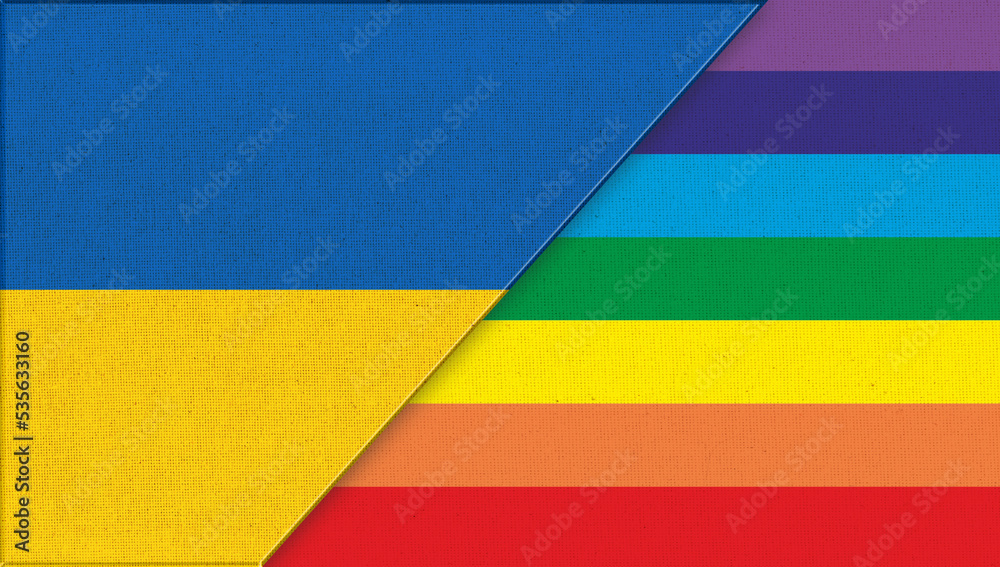Flag of Ukraine and lgbt. Ukrainian and lgbt flags on fabric surface