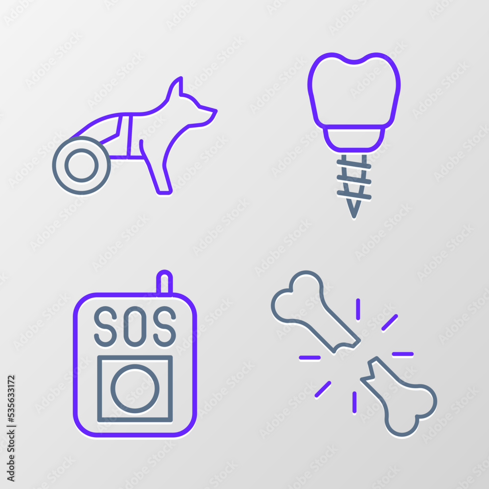 Set line Human broken bone, Press the SOS button, Dental implant and Dog in wheelchair icon. Vector Set line Human broken bone, Press the SOS button, Dental implant and Dog in wheelchair icon. Vector