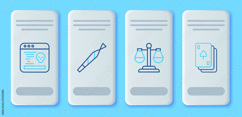 Set line Marijuana joint, Scales of justice, System bug and Playing cards icon. Vector