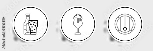 Set line Wooden barrel, Beer bottle and glass and Glass of beer icon. Vector