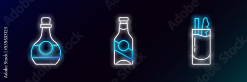 Set line Cocktail Bloody Mary, Bottle of cognac or brandy and Beer bottle icon. Glowing neon. Vector